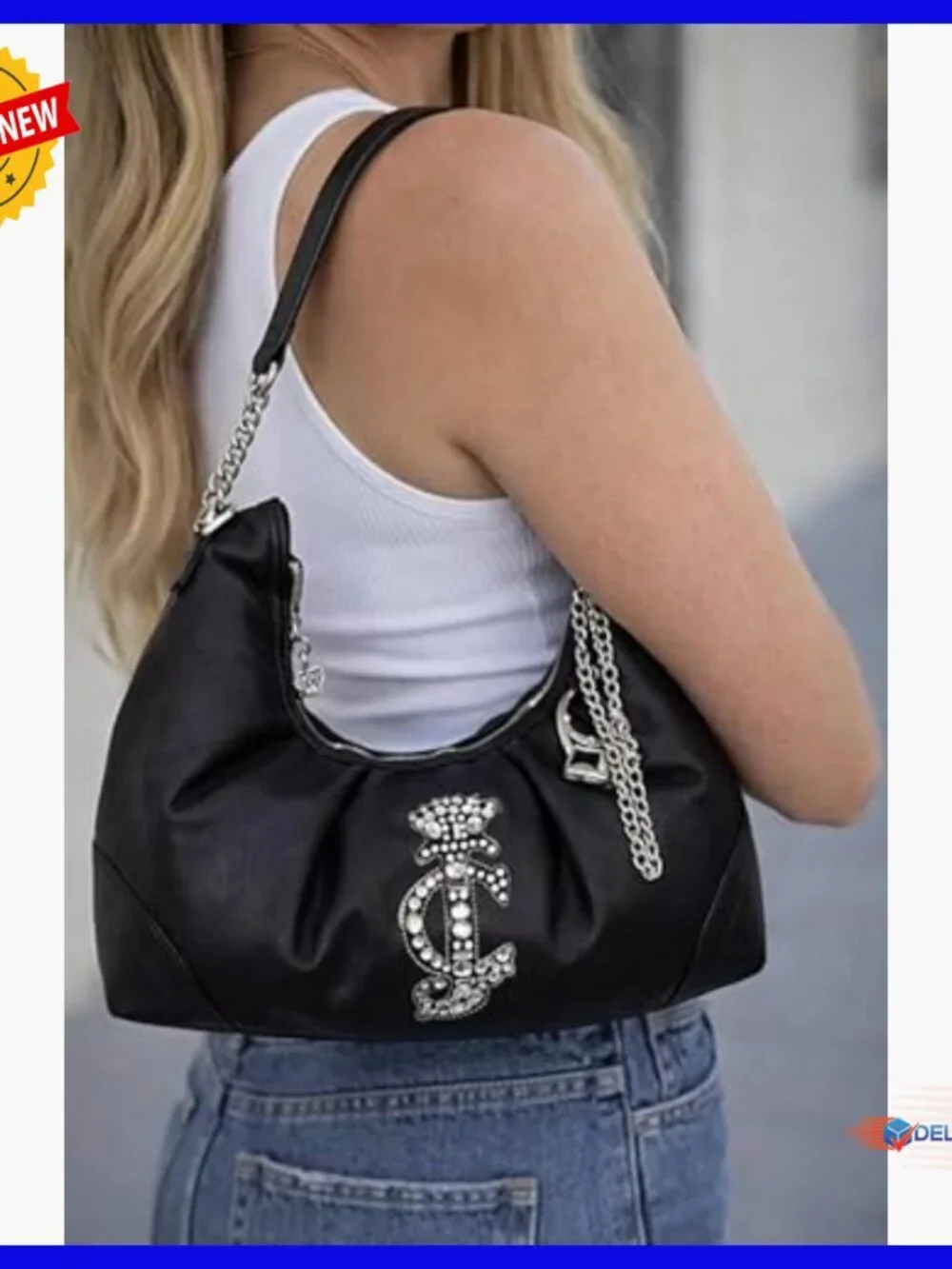 Medium Hobo Satchel with Chain Strap Rhinestone Logo Faux Leather
